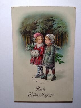 Vintage German Christmas Postcard Children Evergreen Snow Forest "Beste